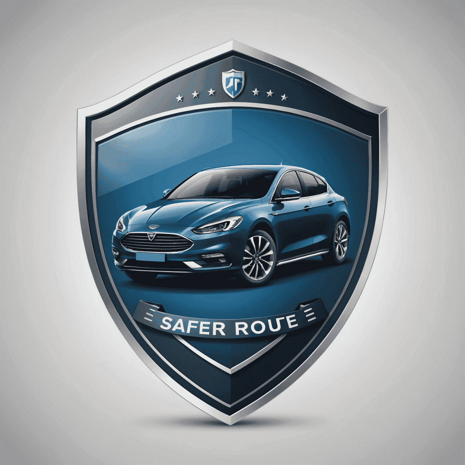 Saferoute logo: A stylized shield with a car silhouette inside, representing protection and automotive insurance